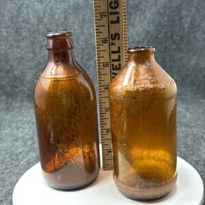 VTG Brown Glass Prescription Bottles Anchor Hocking & MG Medical Curio Cabinet